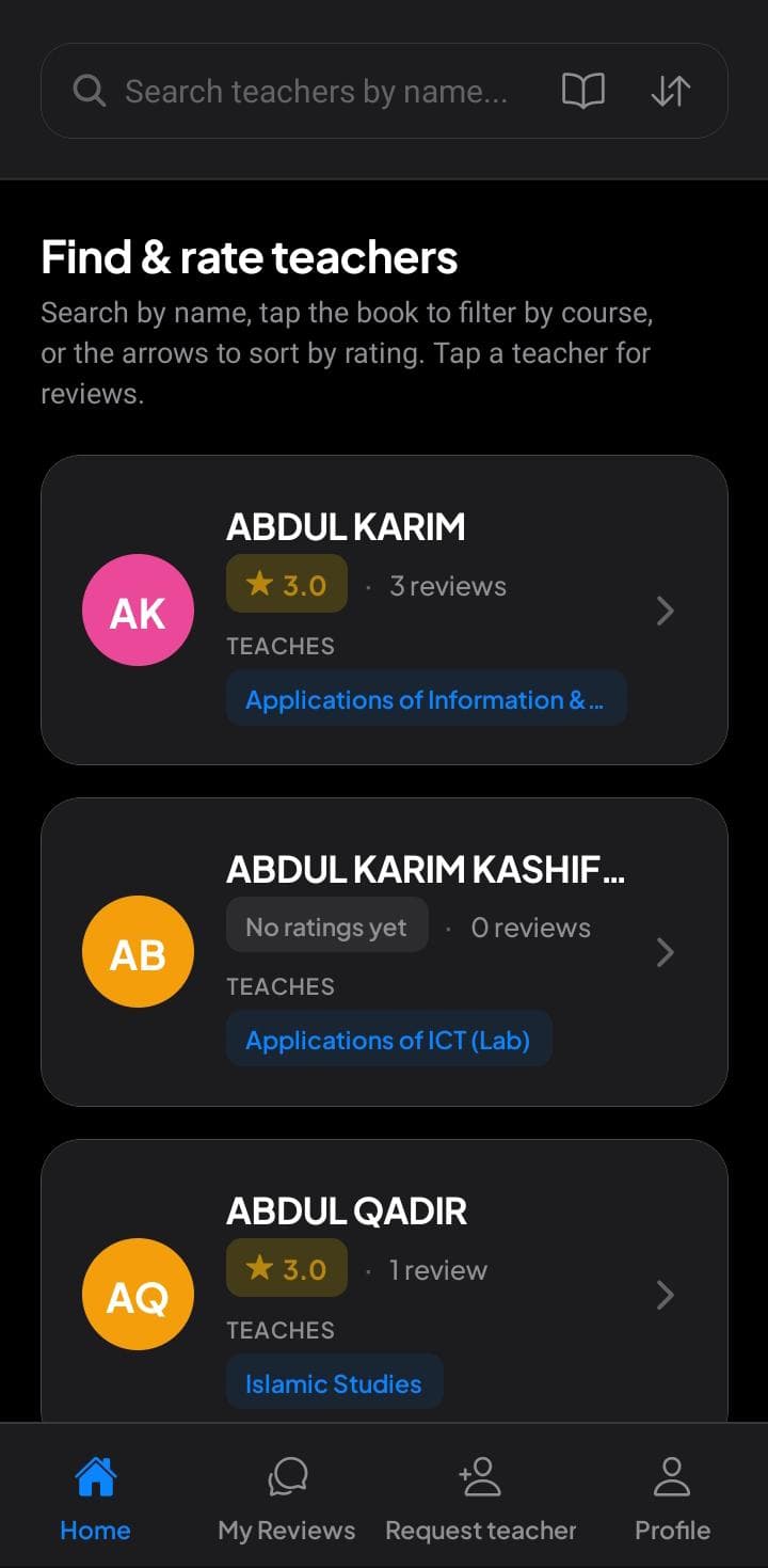 Kampus Connect home: find and rate teachers list with search and bottom navigation