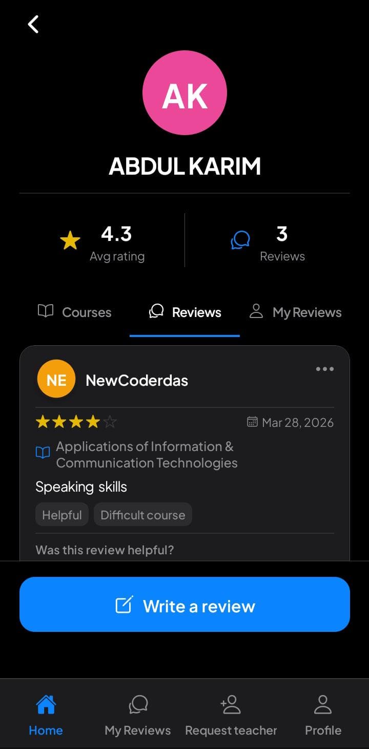 Kampus Connect teacher profile with reviews tab, ratings, and write review action