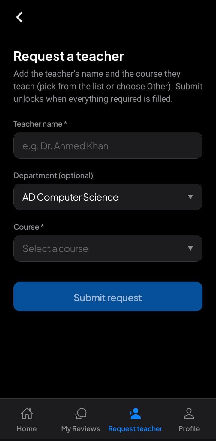 Kampus Connect request a teacher form with department and course fields