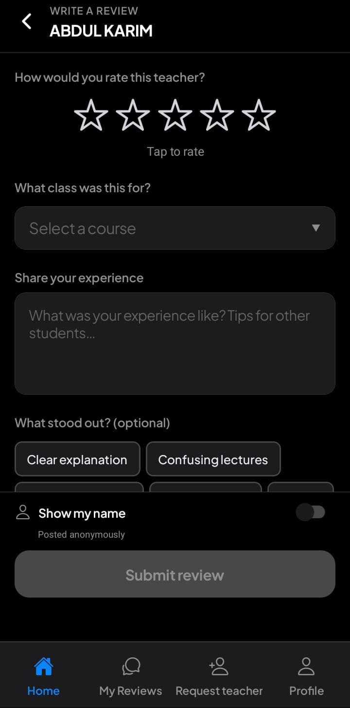 Kampus Connect write a review screen with rating stars and submit